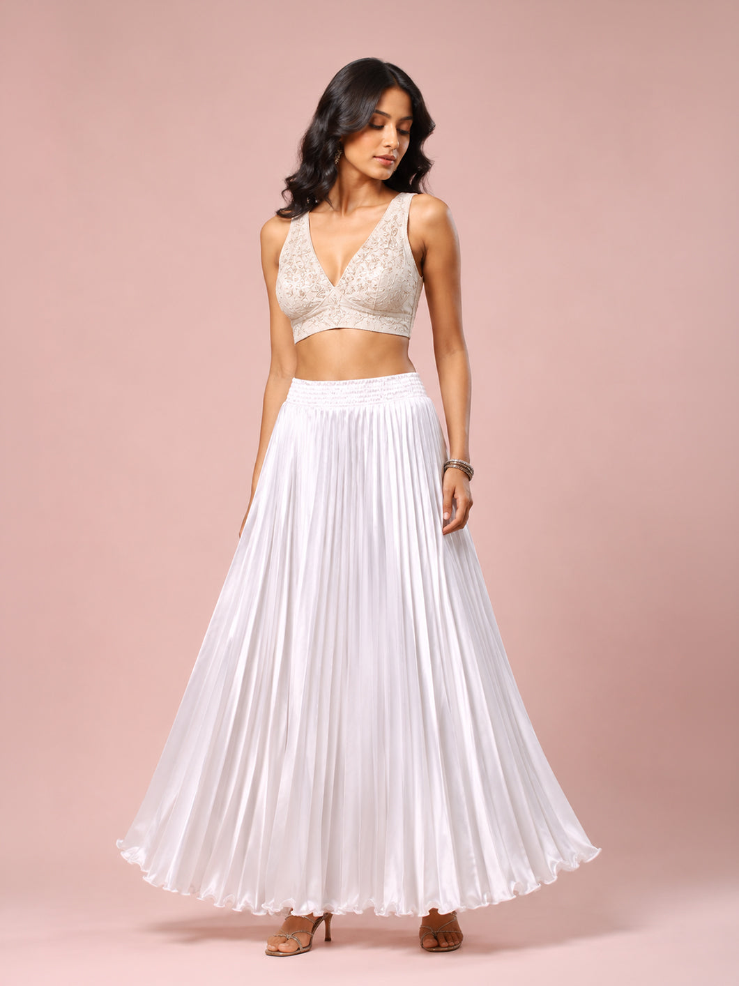 White Satin Silk Small Pleated Skirt
