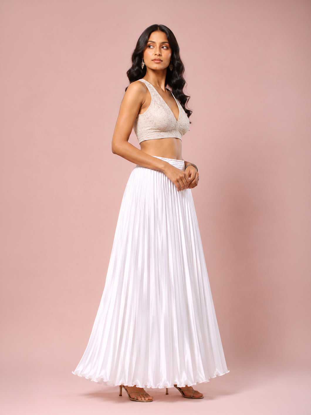 White Satin Silk Small Pleated Skirt