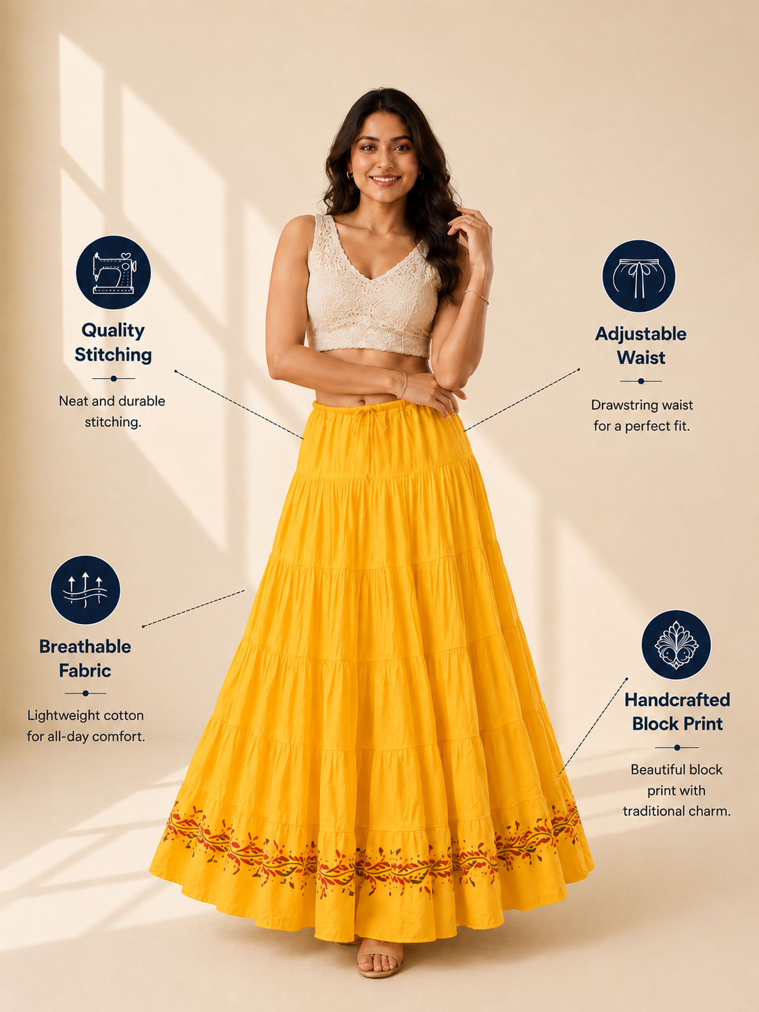 Yellow Block Print 20Mtr Cotton Skirt