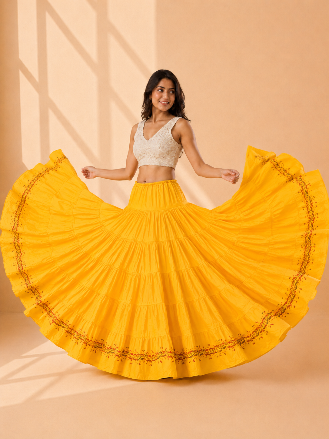 Yellow Block Print 20Mtr Cotton Skirt