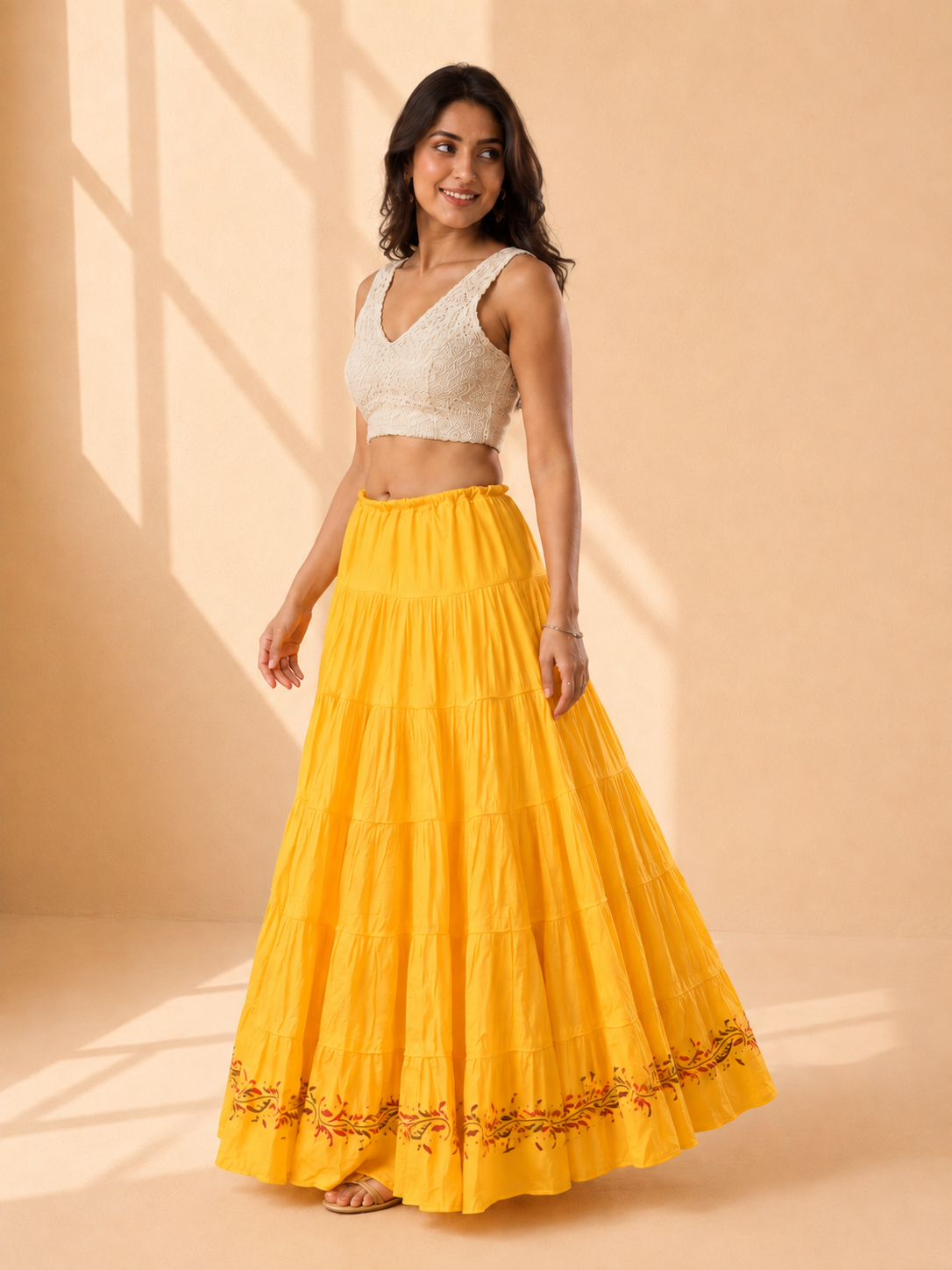Yellow Block Print 20Mtr Cotton Skirt