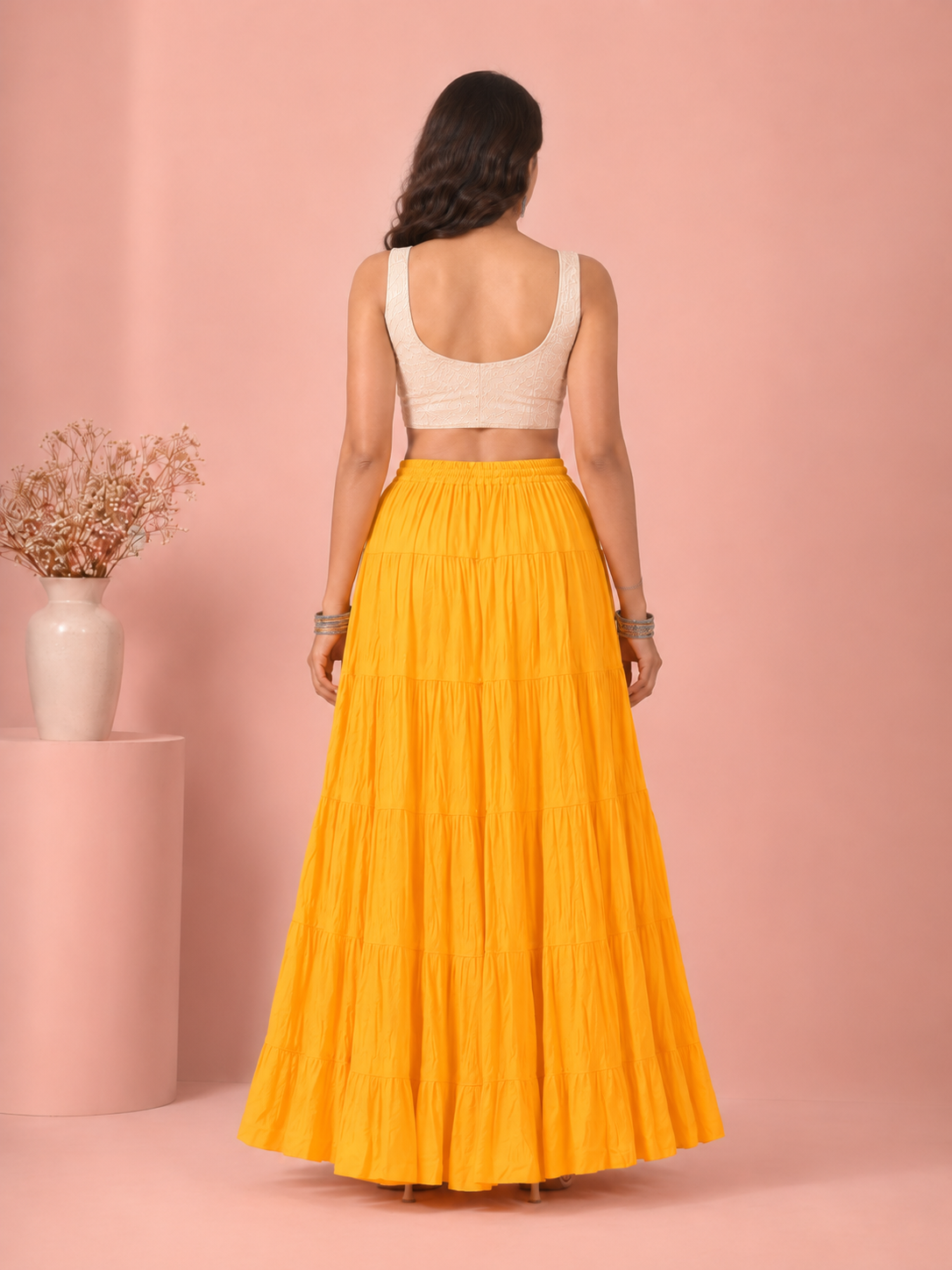 Yellow Cotton Solid Silver Sequin 10mtr Skirt