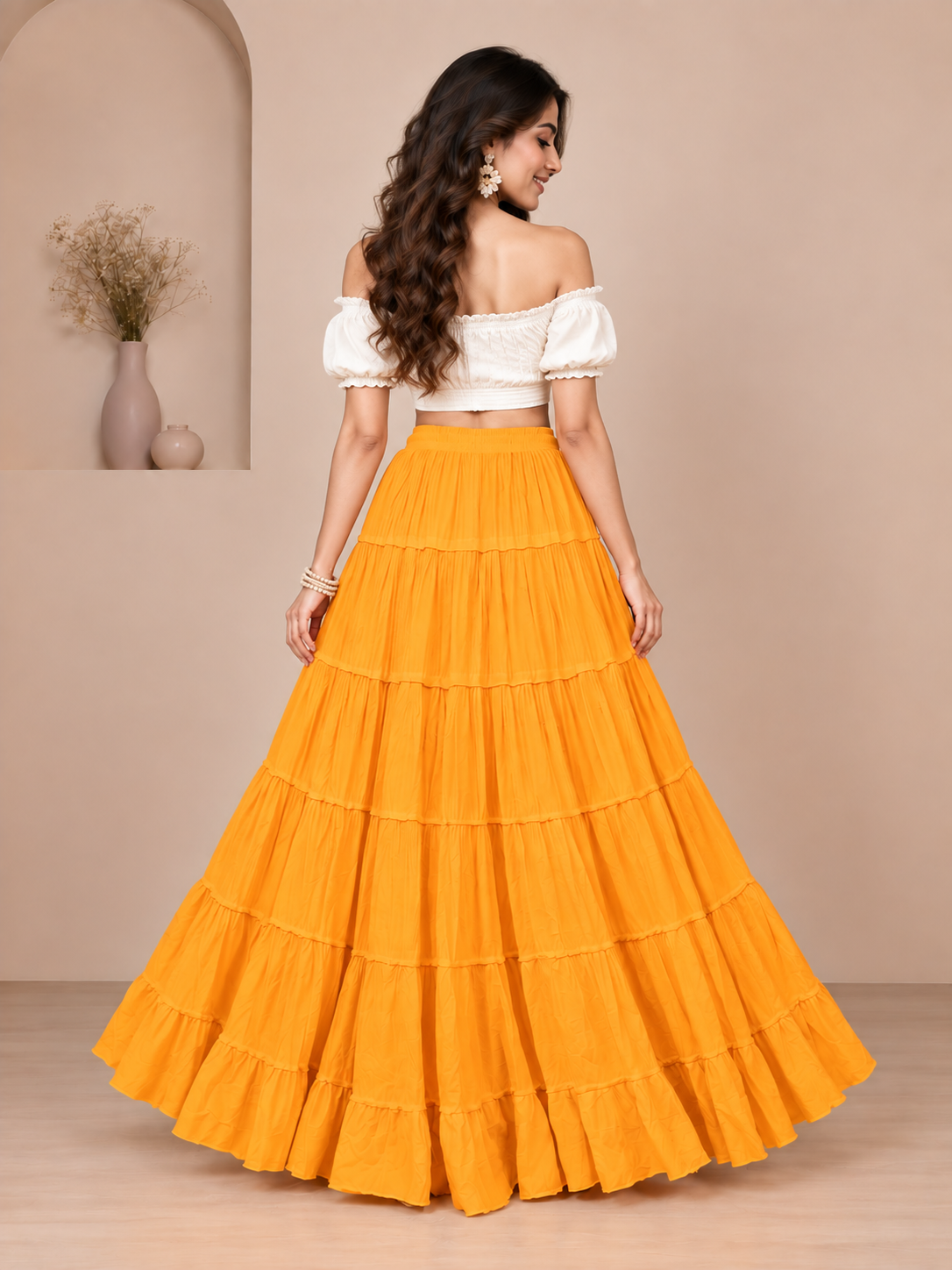 Yellow Cotton Solid Flared Skirt