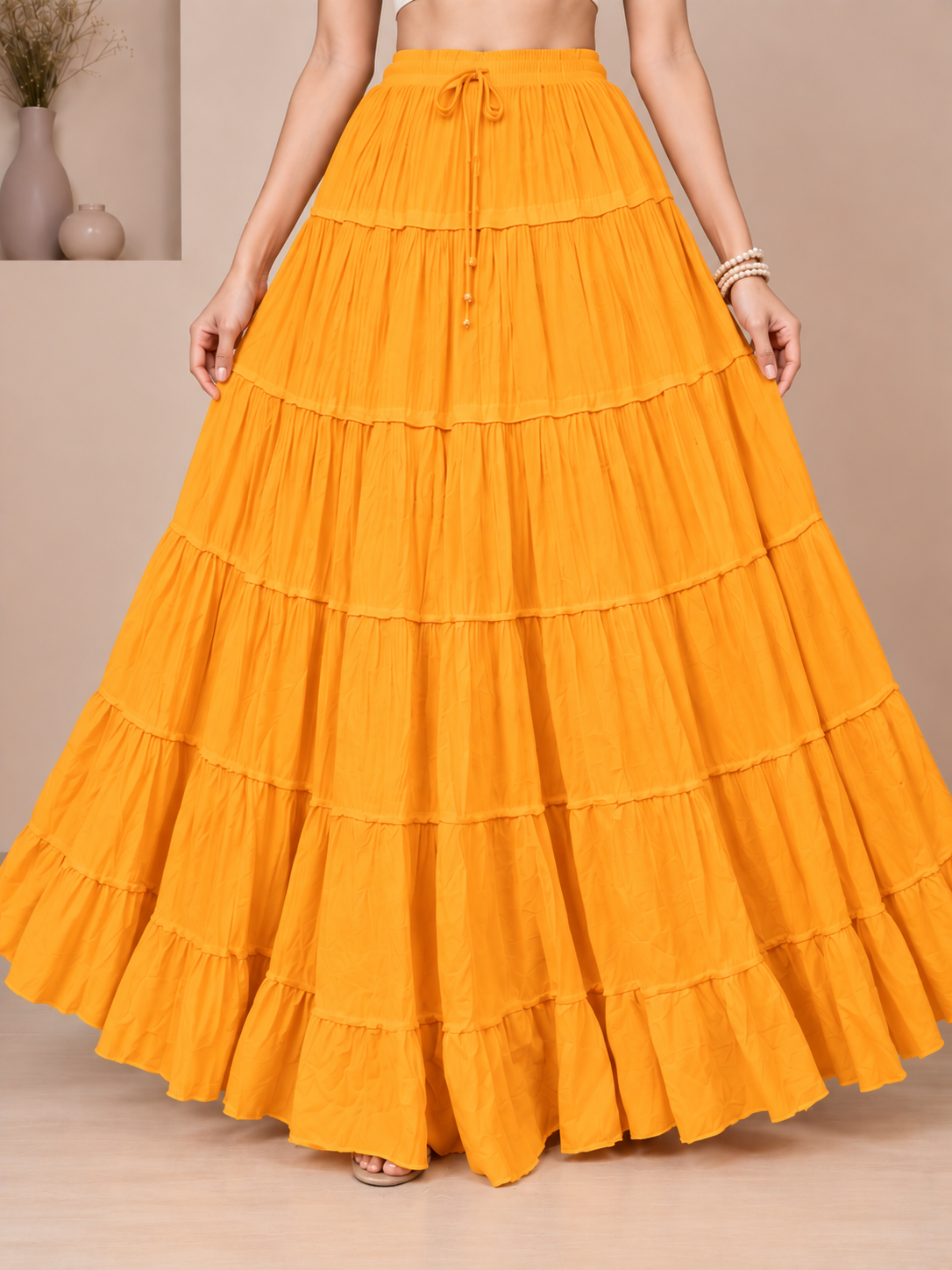 Yellow Cotton Solid Flared Skirt