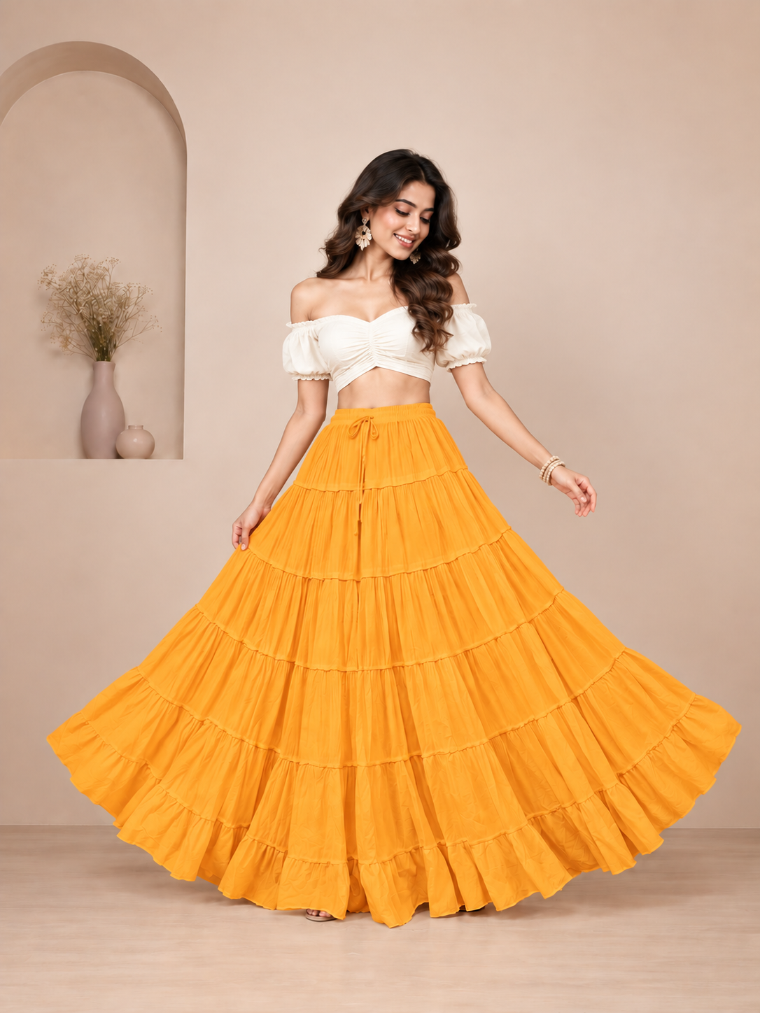 Yellow Cotton Solid Flared Skirt