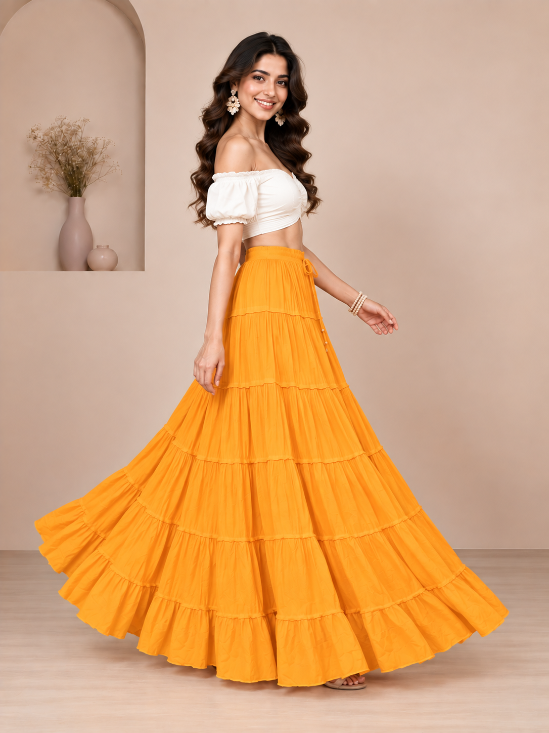 Yellow Cotton Solid Flared Skirt