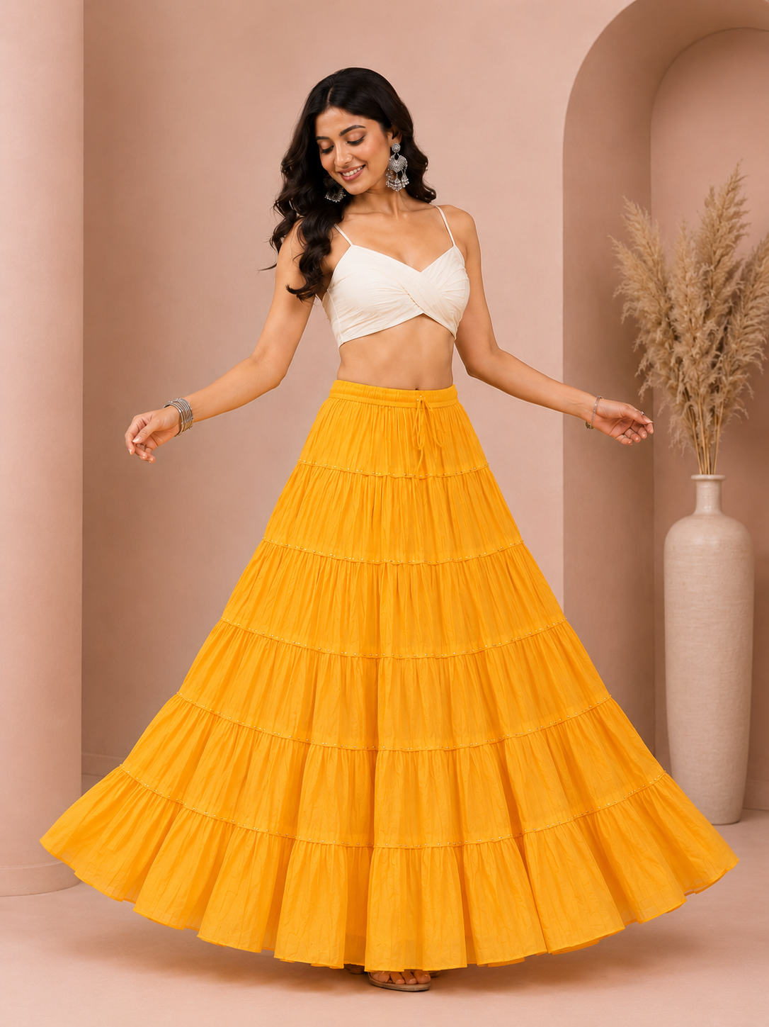 Yellow Cotton Gold Beads Skirt