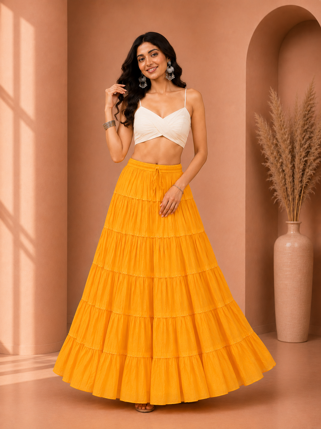 Yellow Cotton Gold Beads Skirt