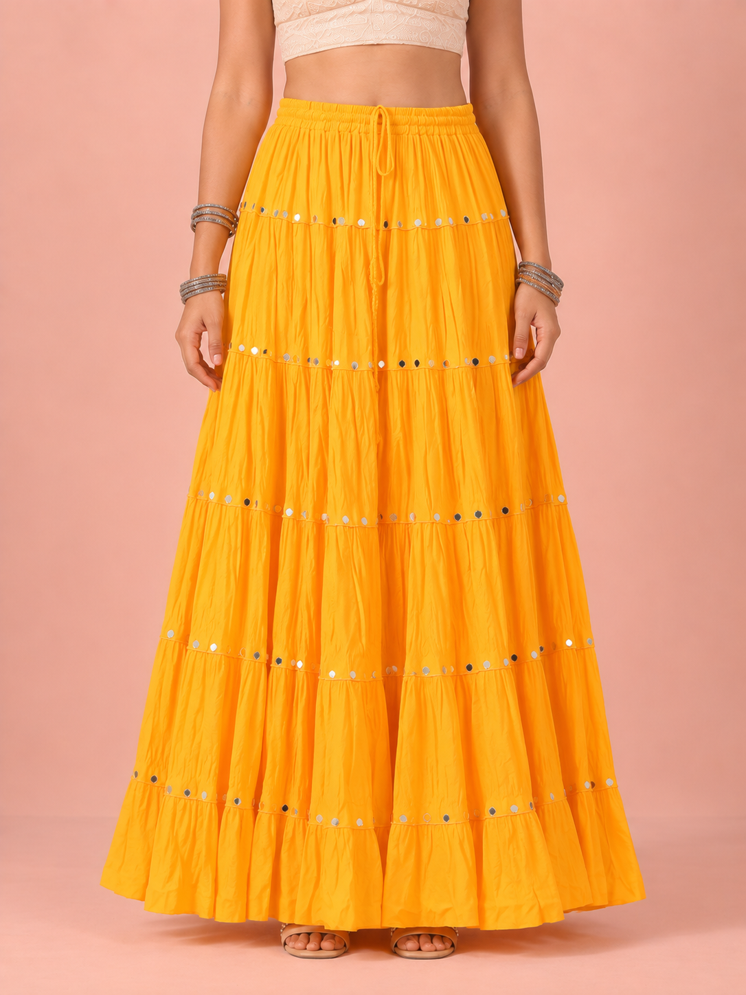Yellow Cotton Solid Silver Sequin 10mtr-1033 Skirt