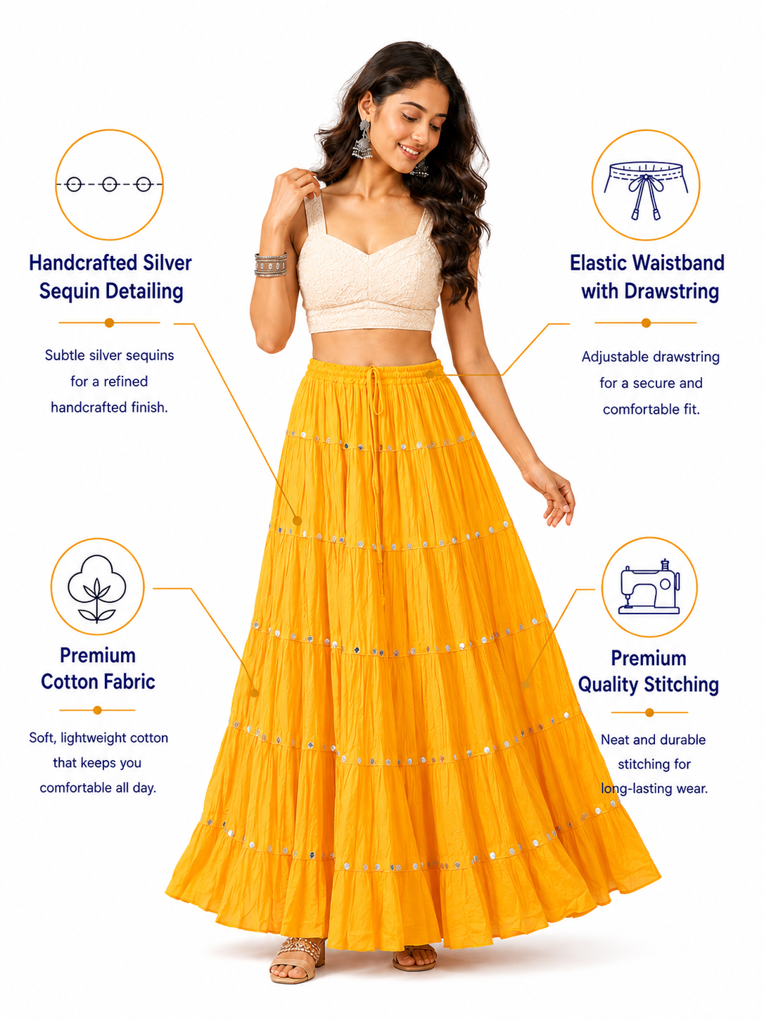 Yellow Cotton Solid Silver Sequin 10mtr-1033 Skirt
