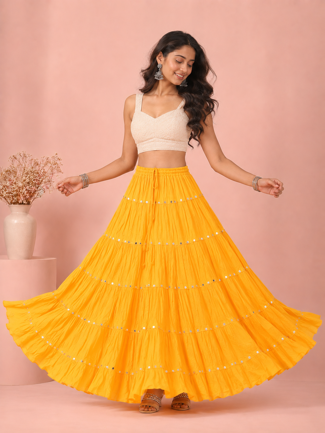 Yellow Cotton Solid Silver Sequin 10mtr-1033 Skirt