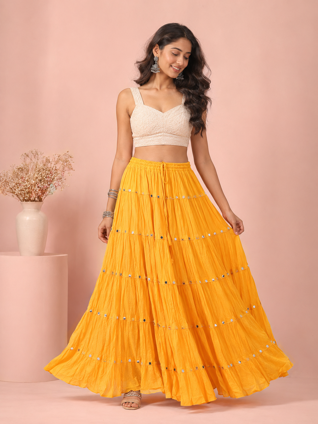 Yellow Cotton Solid Silver Sequin 10mtr-1033 Skirt